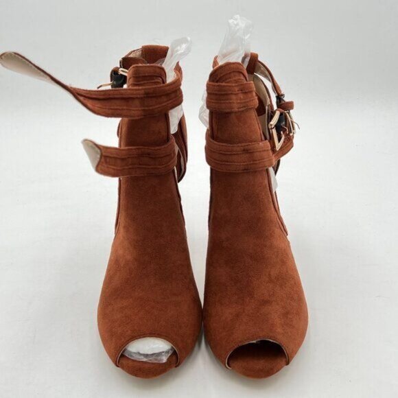 XYD Brown Suede Peep Toe Ankle Boot High Heels Buckled Double Straps Cutout Shoe - Picture 3 of 8